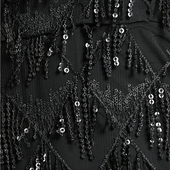 BLACK SEQUIN DIAMOND MESH LONG SLEEVE DRESS Sz S - Picture 6 of 7